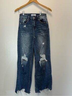 High-Rise Distressed Wide-Leg Jeans in Dark Blue
